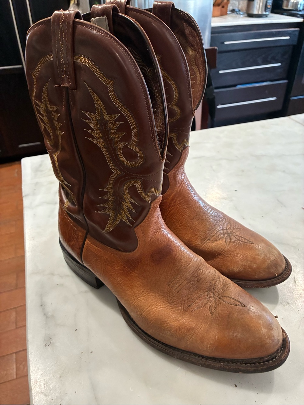 Tony Lama Western Cowboy Boot Tan Aztec Shrunken Shoulder 2Tone Mens 11 D